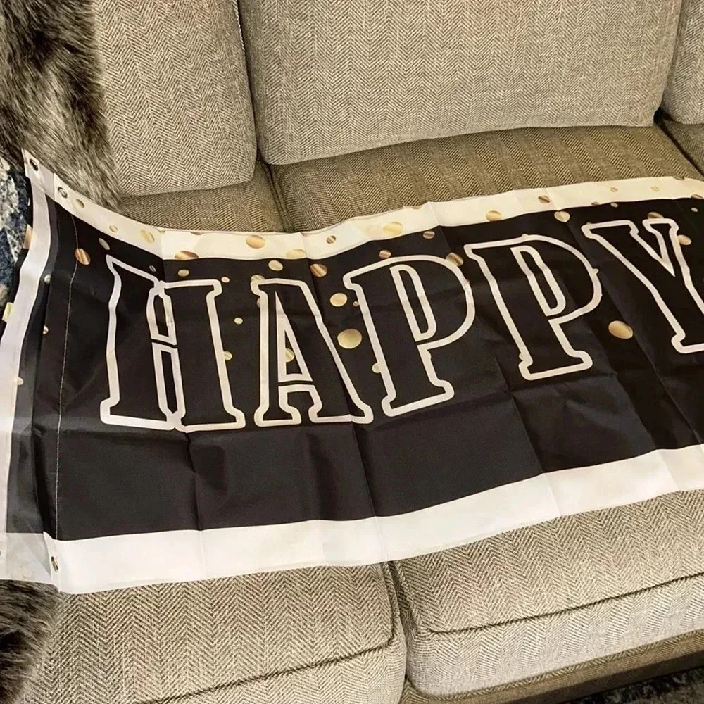 happy 10th birthday party celebration hanging plastic banner black/white/gold